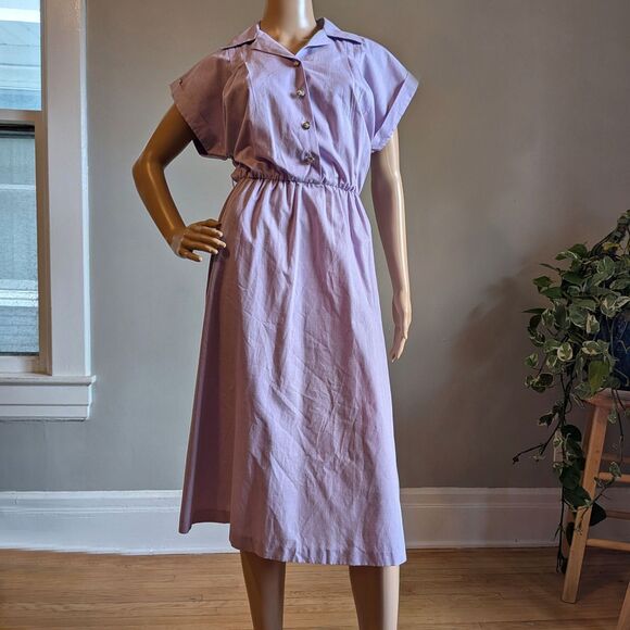 Vintage 80s TropiCool Lavender Purple Shirt Dress Cotton Midi Size 12 - Picture 15 of 15